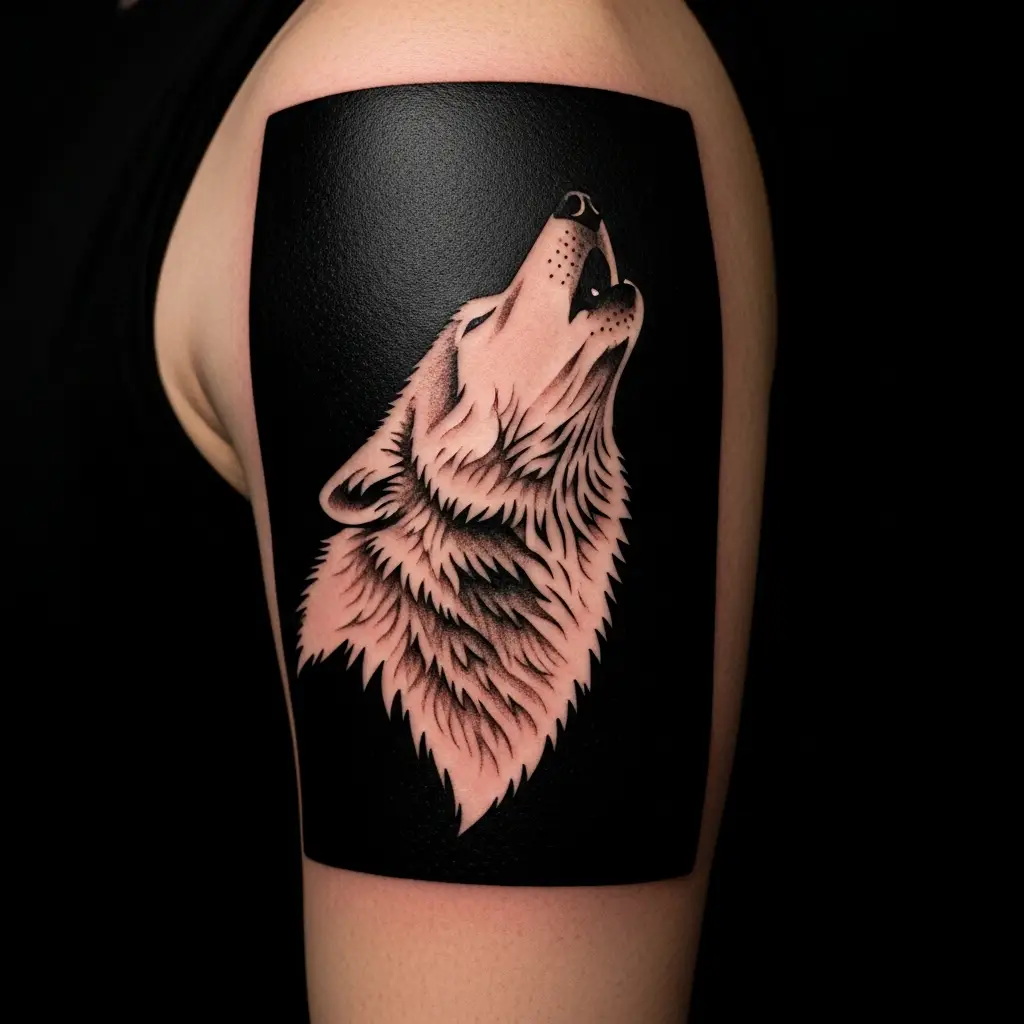 Negative Space Tattoo mit Wolfssilhouette auf dem Oberarm, starker Kontrast