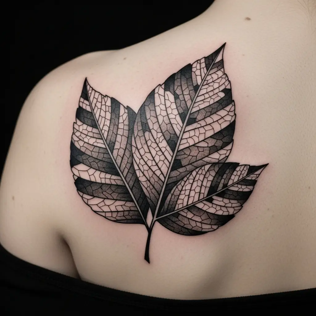Botanisches Negative Space Tattoo mit Blattmotiv auf dem Schulterblatt