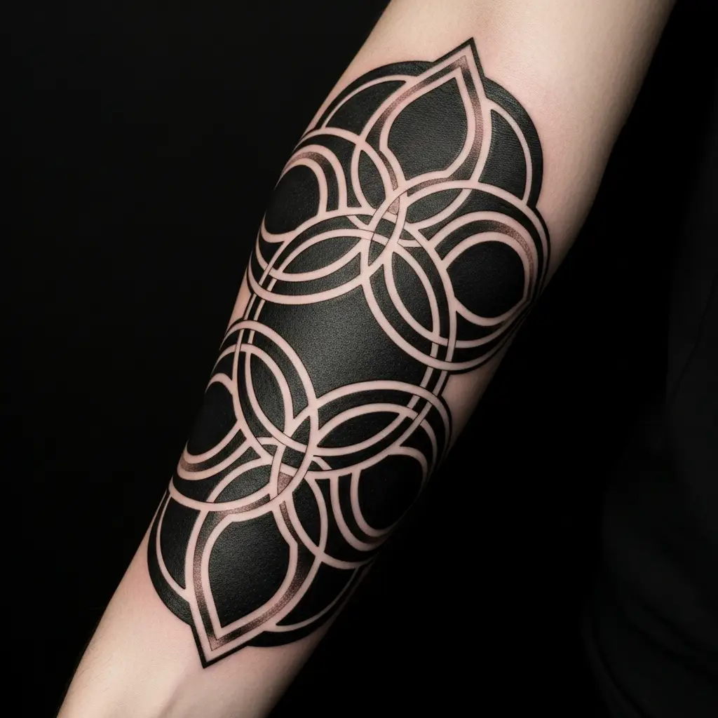 Geometrisches Negative Space Sleeve-Tattoo mit Kreisformen auf dem Unterarm
