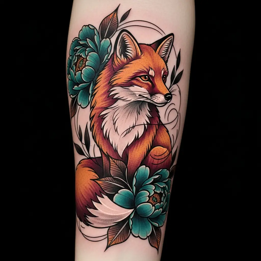 Neo Traditional Tattoo mit Fuchsmotiv und floralen Elementen am Oberarm