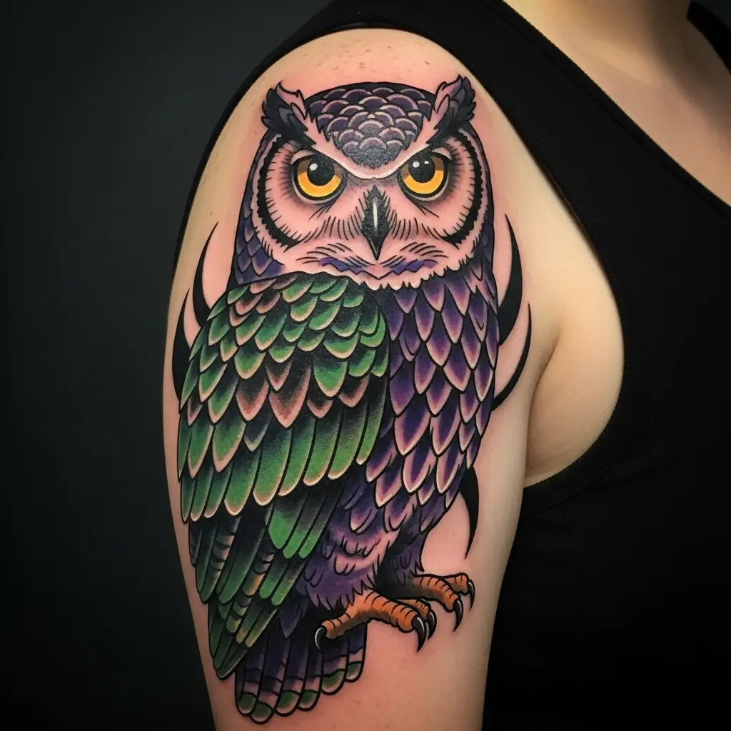 Neo Traditional Eule als Tattoo mit dekorativen Rahmenelementen auf der Schulter