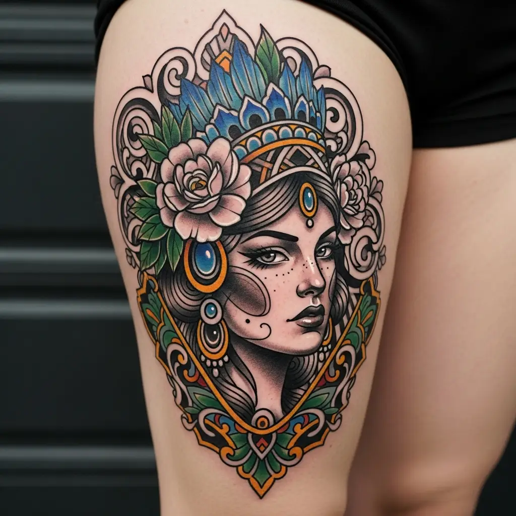 Grossformatiges Neo Traditional Tattoo mit weiblichem Portrait am Oberschenkel