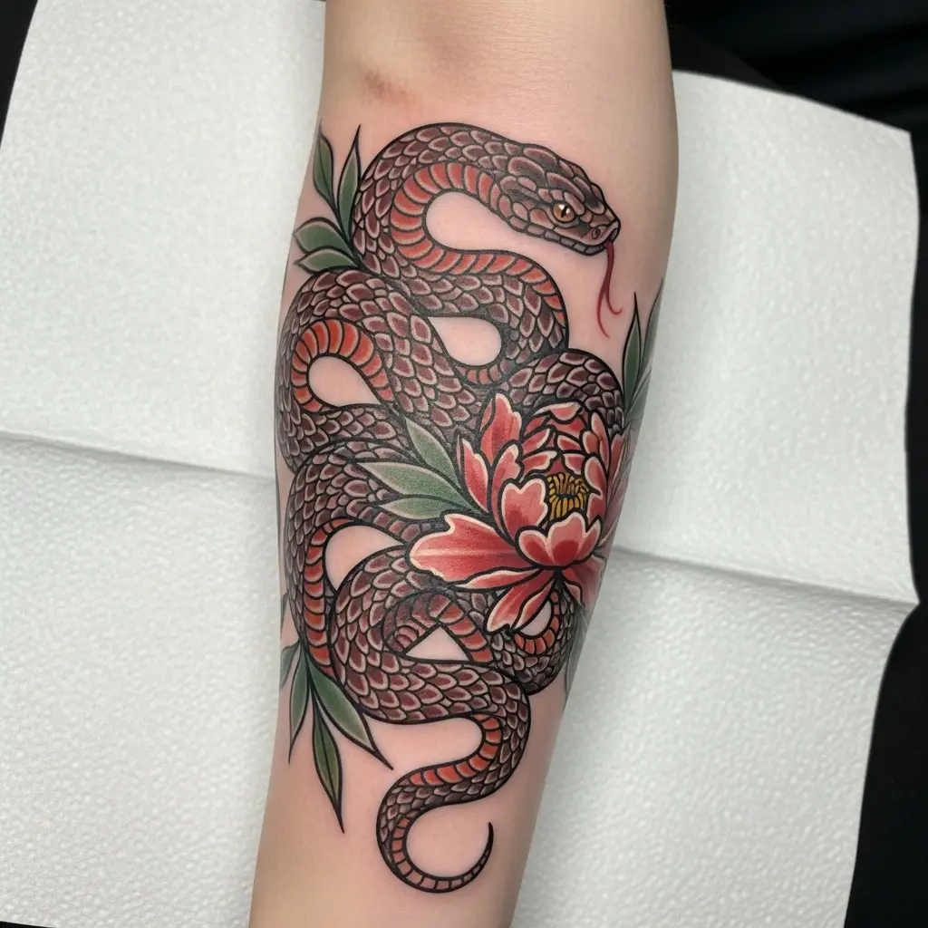 Neo Traditional Schlangen-Tattoo mit Pfingstrose auf dem Unterarm in Farbe