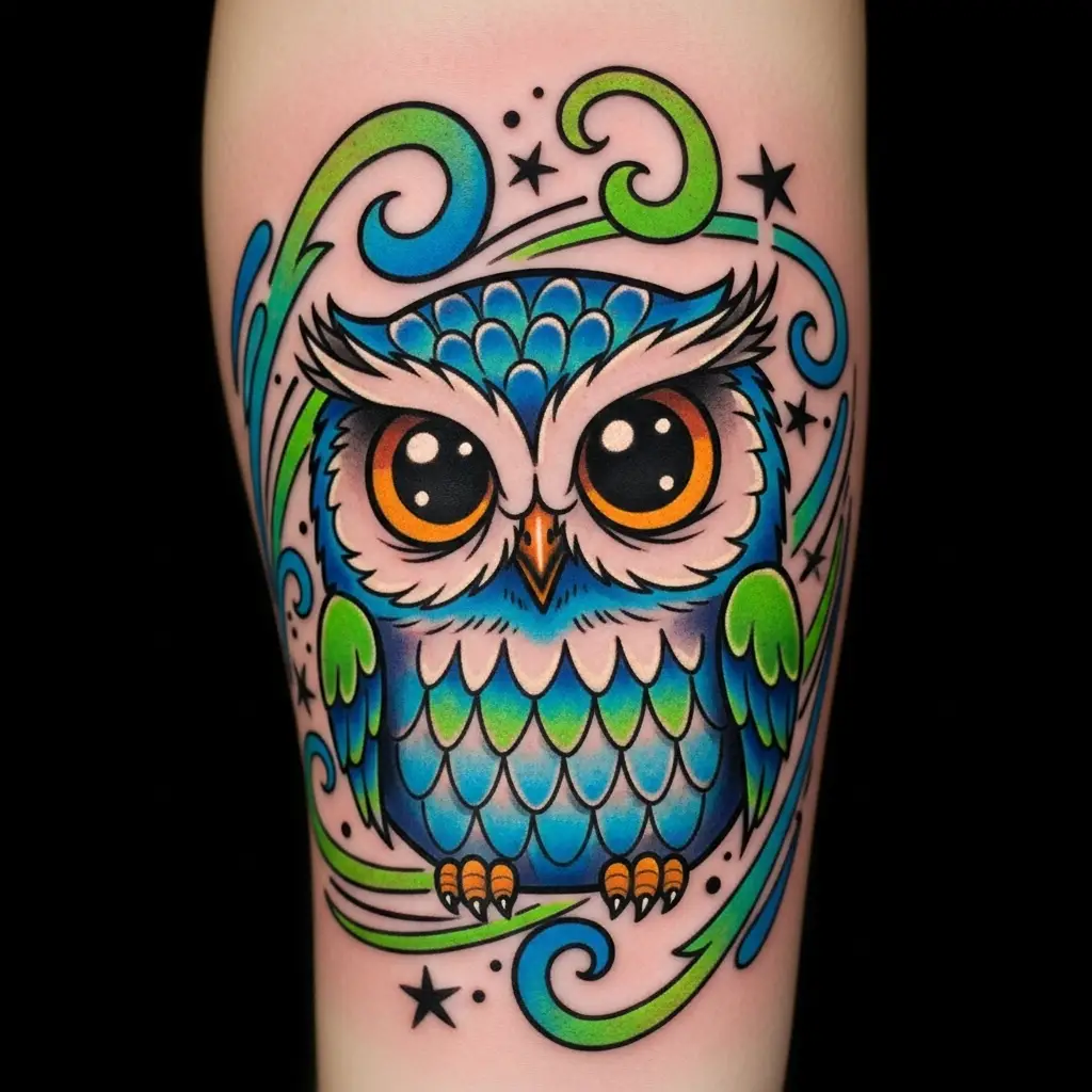 New School Tattoo mit kräftigen Outlines und leuchtenden Farben am Oberarm