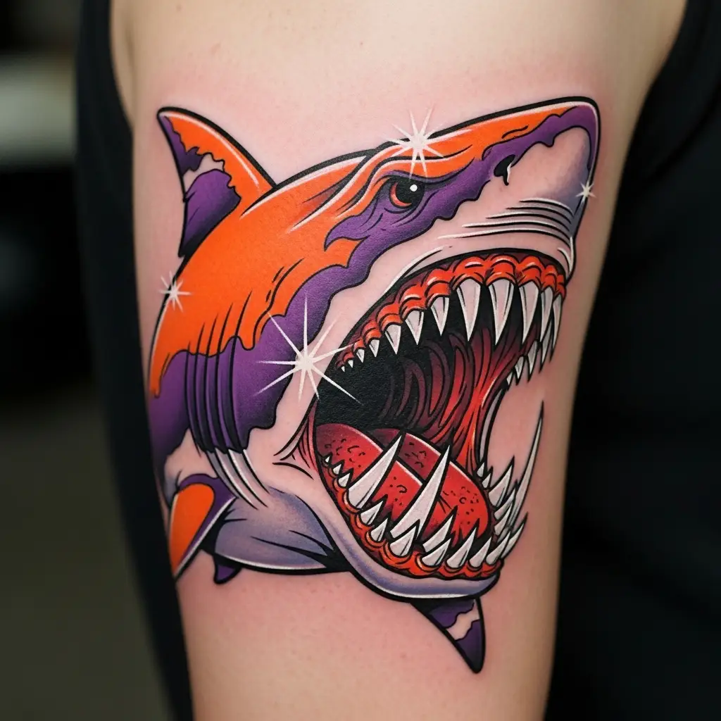 New School Tattoo Motiv eines Hais mit Comic-Proportionen und Neonfarben