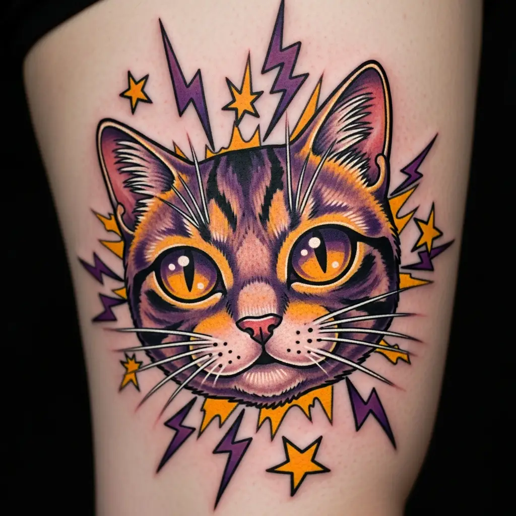 New School Tattoo Katze mit übertriebenen Augen und leuchtend lila Hintergrund