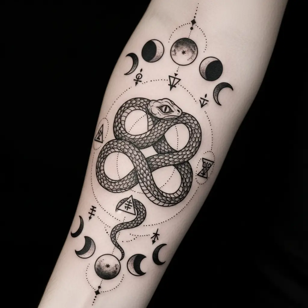 Okkultes Tattoo mit alchemistischen Symbolen und Mondphasen auf dem Unterarm
