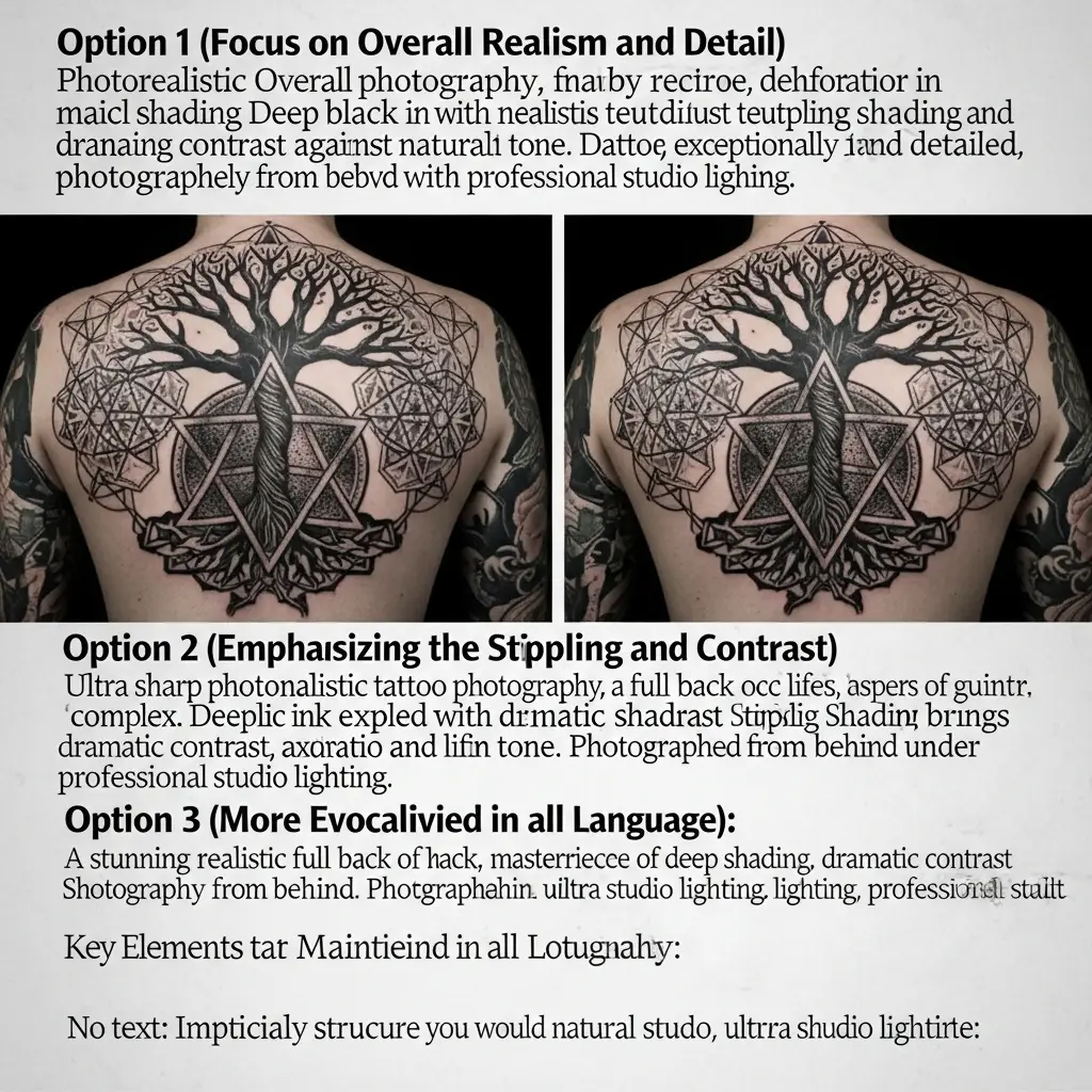 Grossflächiges okkultes Rücken-Tattoo mit Baum des Lebens und Hexagramm