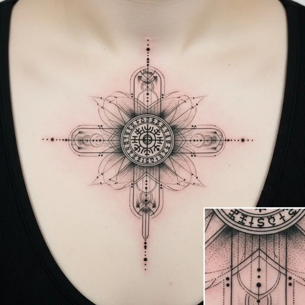 Okkultes Brustbein-Tattoo mit Sigillen und geometrischem Kreis in Schwarz