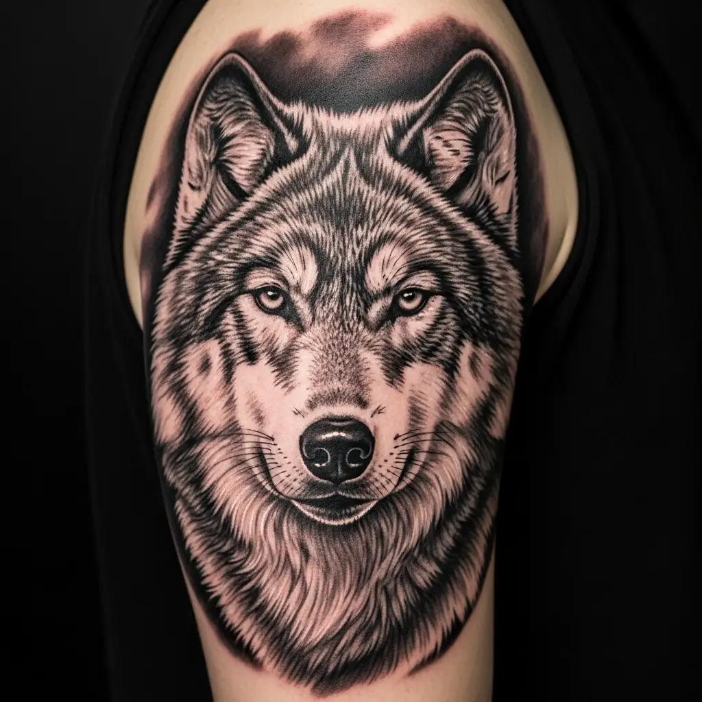 Opaque Gray Tattoo mit monumentalem Wolfsporträt in deckenden Grautönen