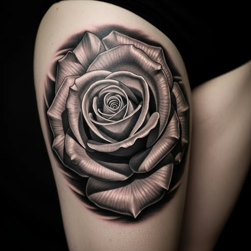 Grossflächiges Opaque Gray Tattoo einer Rosenblüte auf dem Oberschenkel