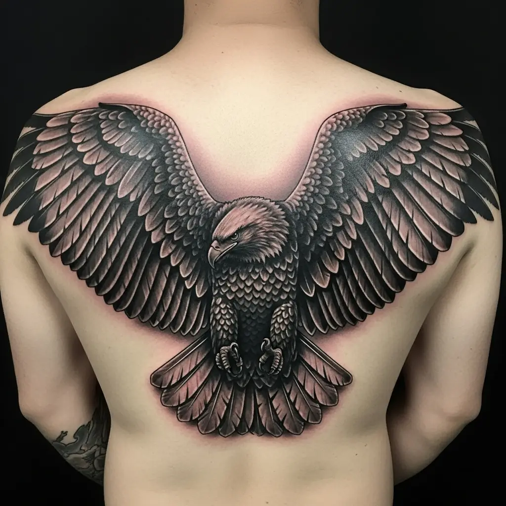 Detailreiches Opaque Gray Tattoo eines Adlers auf dem Rücken