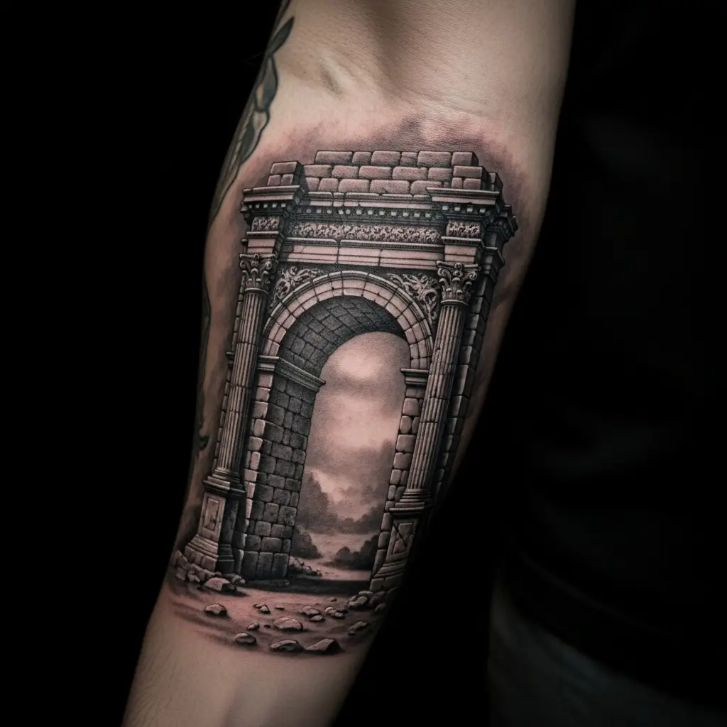 Opaque Gray Tattoo mit klassischem Architekturmotiv und tiefen Grauflächen