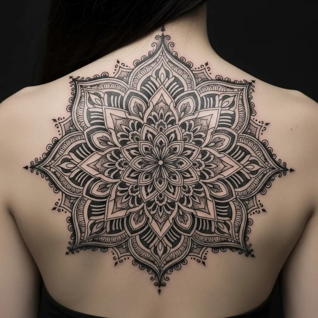Grosses Ornamental Tattoo als Mandala-Muster auf dem Rücken einer Frau