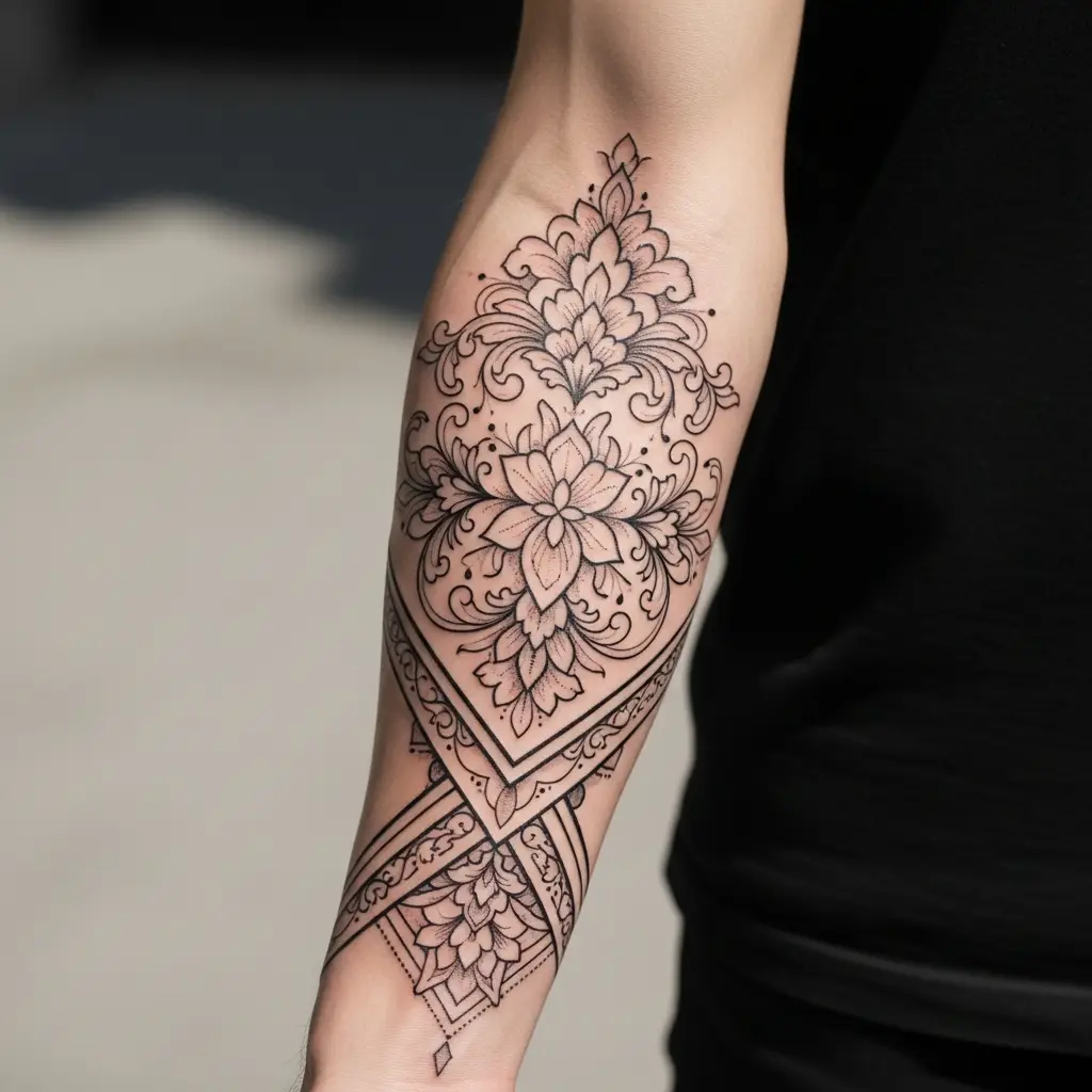 Filigrane ornamentale Tattoo-Bordüre auf dem Unterarm mit floralen Mustern