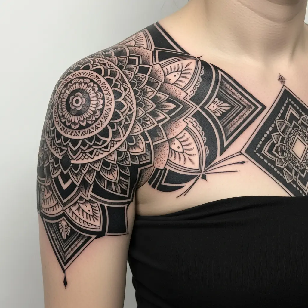 Schwarzes ornamentales Schulter-Tattoo mit symmetrischen geometrischen Elementen
