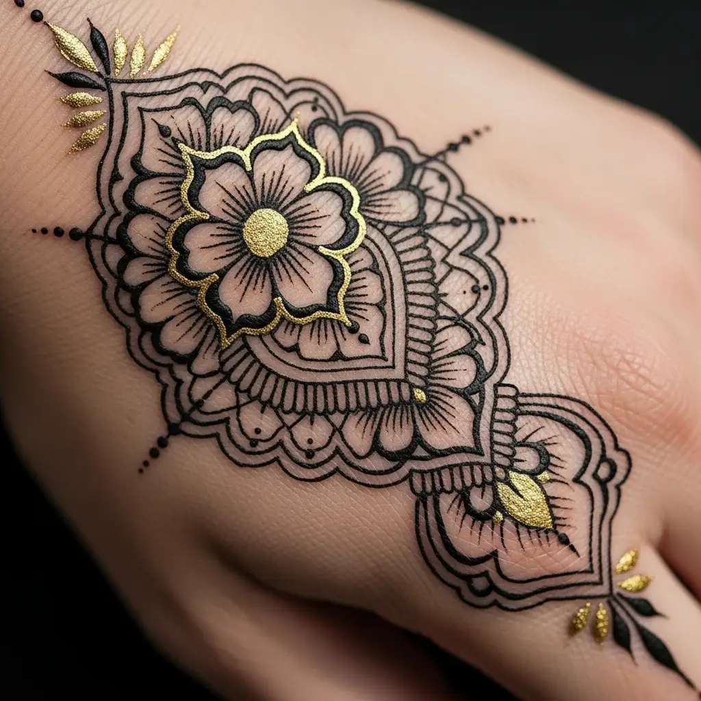 Goldfarben akzentuiertes Ornamental Tattoo auf der Handrückseite im Henna-Stil