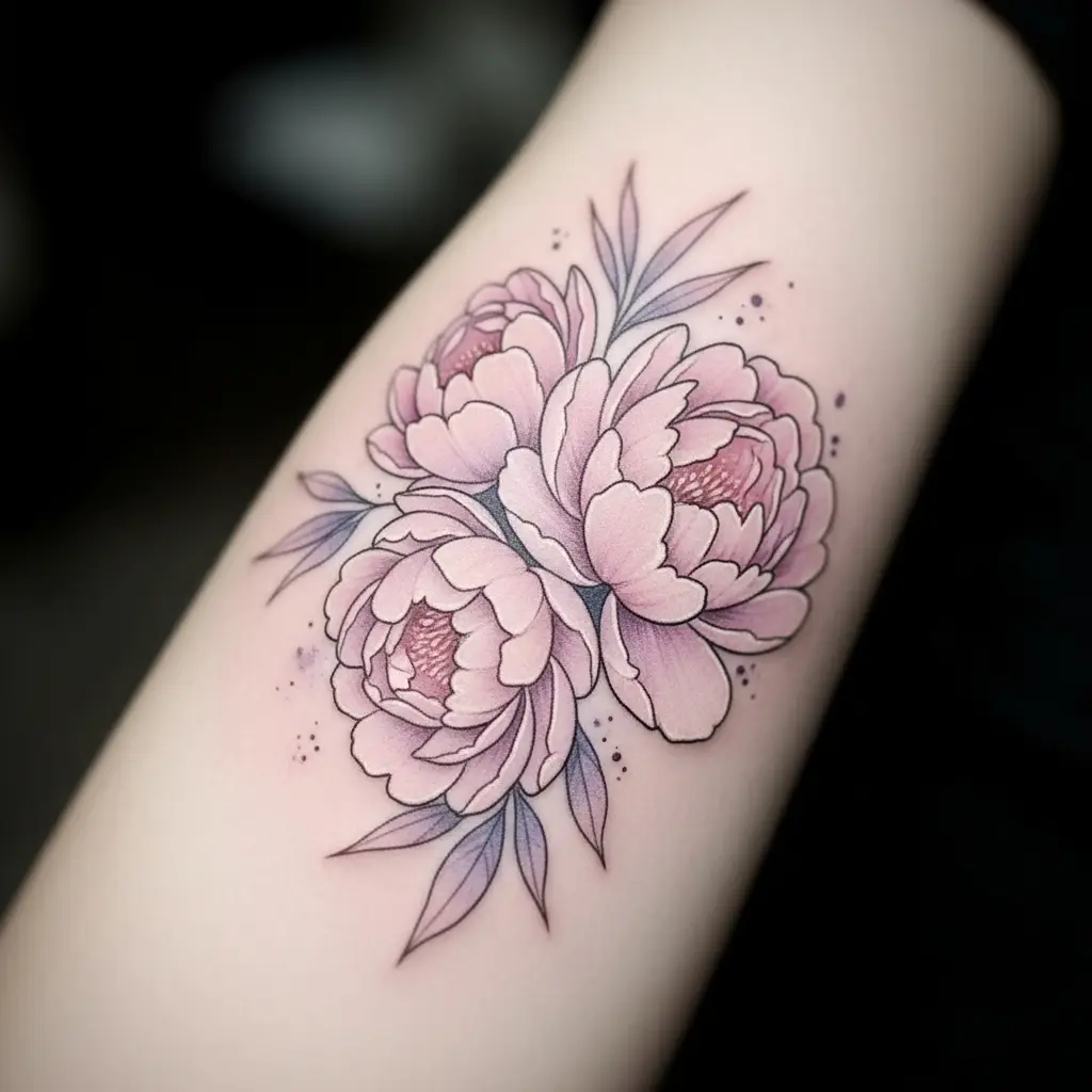 Pastel Tattoo mit zarten Pfingstrosenblüten in Puderpink und Lavendel auf Unterarm