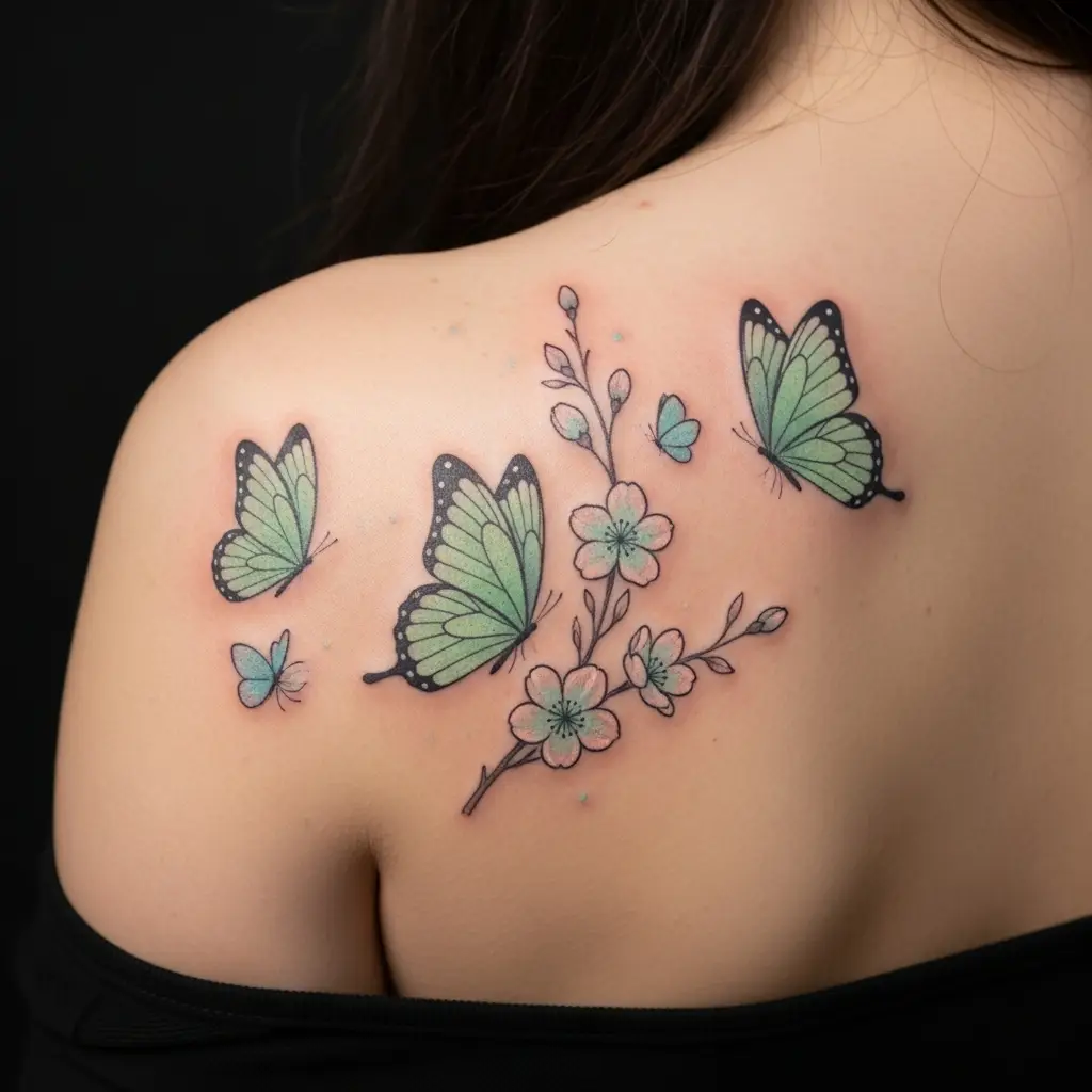 Pastel Tattoo mit Schmetterlingen und Kirschblüten in Mintgrün und Himmelblau auf Schulterblatt