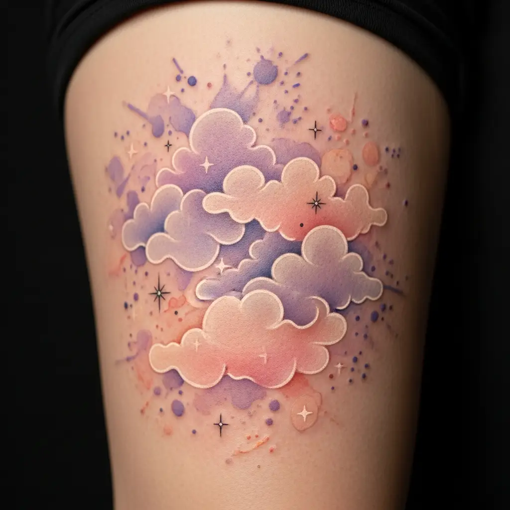Pastel Tattoo mit abstrakten Farbwolken und Sternmotiven in Lila und Pfirsich auf Oberschenkel