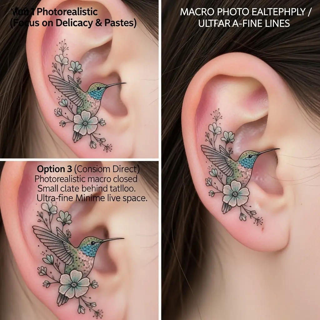Pastel Tattoo mit zartem Kolibri und Wildblumen in Babyblau und Mintgrün hinter dem Ohr