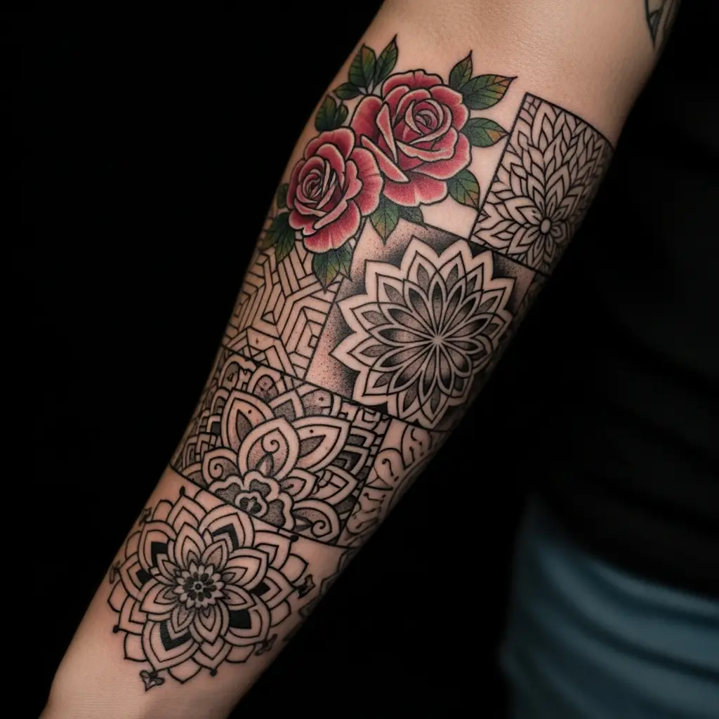 Patchwork Tattoo Sleeve mit verschiedenen Motiven an Unterarm und Ellbogen