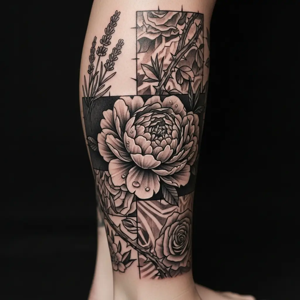Patchwork Tattoo am Bein mit floralen und geometrischen Elementen in Schwarz-Grau