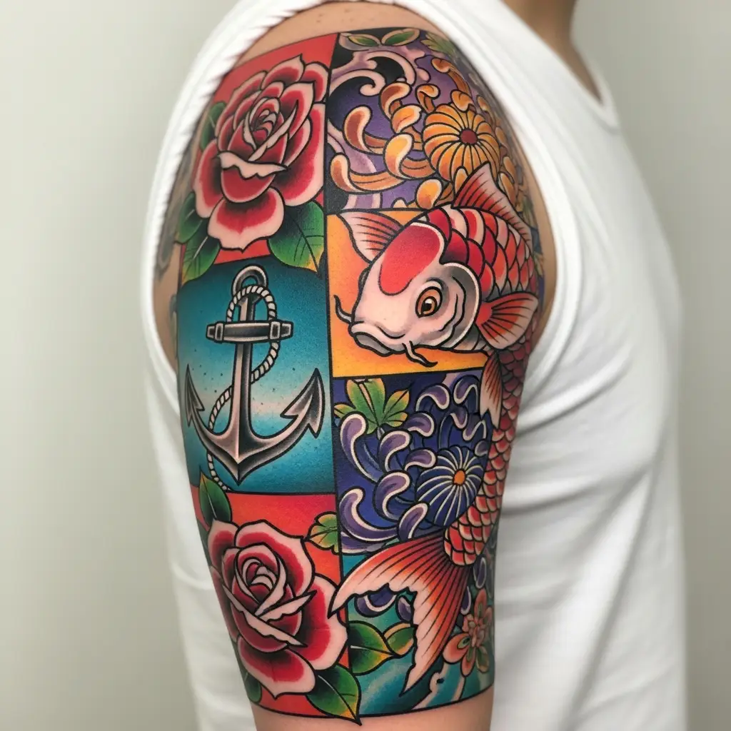 Farbenfrohes Patchwork Tattoo mit Traditional-Motiven und japanischen Elementen am Oberarm
