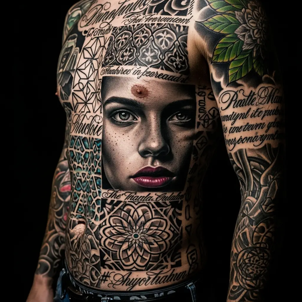 Detailaufnahme eines Patchwork Tattoos mit Schrift, Portraits und Symbolen auf dem Torso