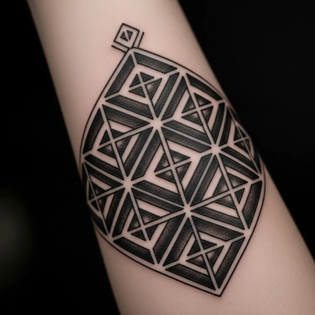 Pattern Tattoo mit geometrischem Muster auf dem Unterarm einer Frau