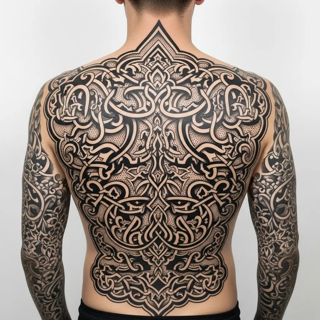Ornamentales Pattern Tattoo auf dem Ruecken eines Mannes in Schwarz