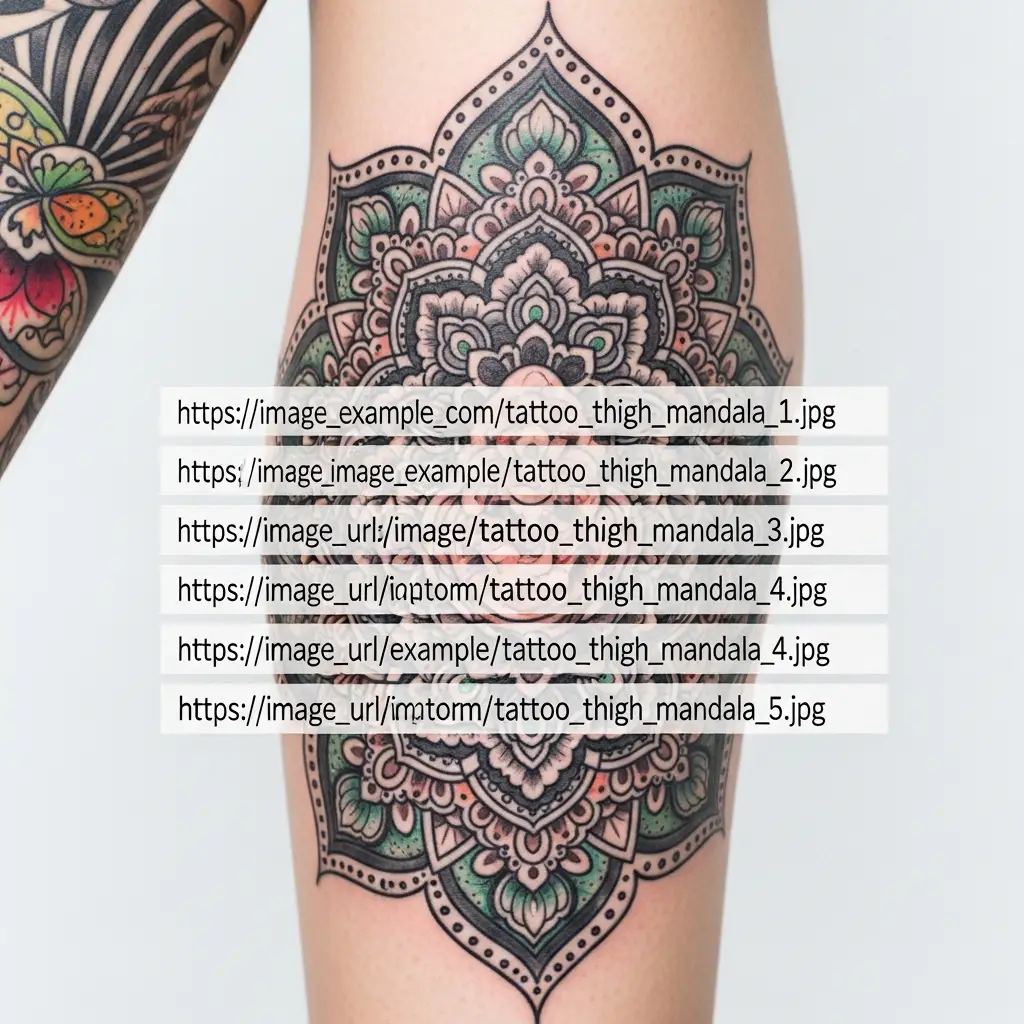 Feines mandalaartiges Pattern Tattoo auf dem Oberschenkel in Schwarz-Grau