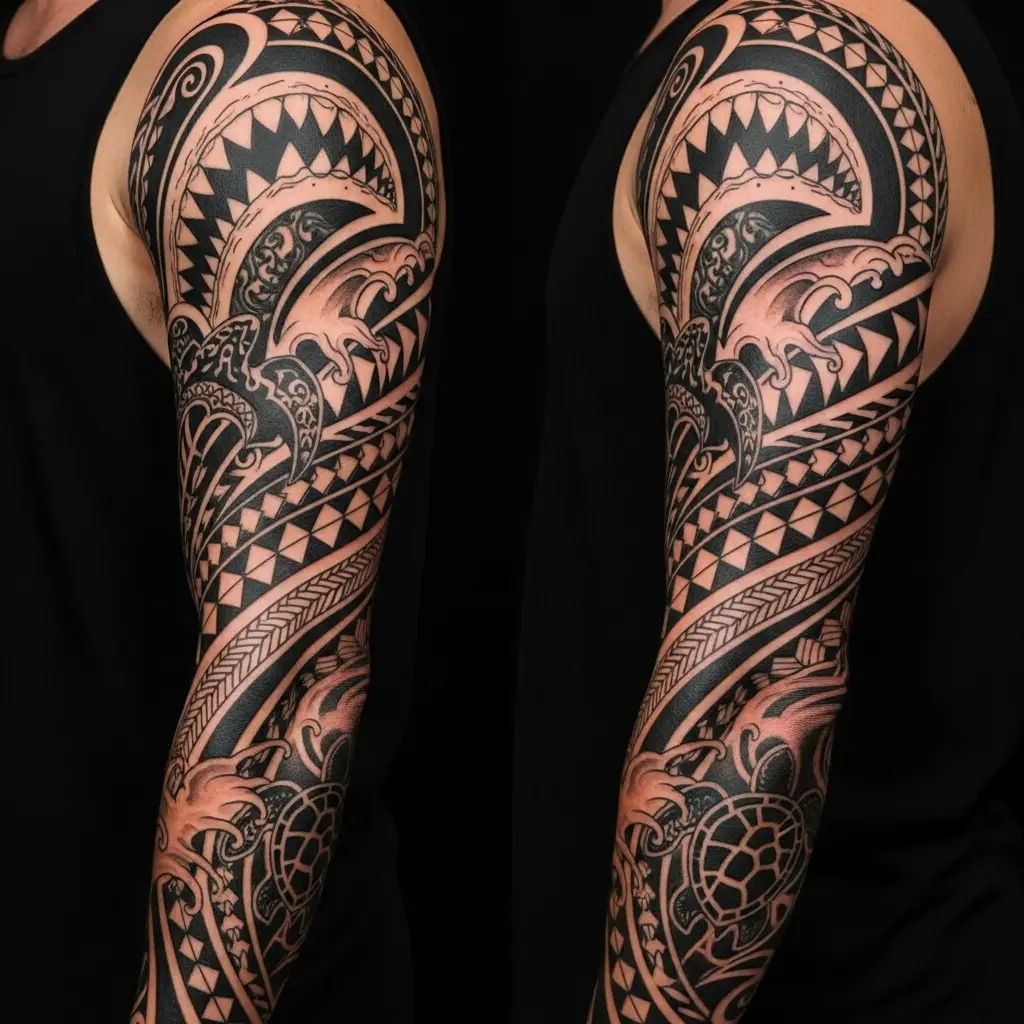 Polynesian Tattoo als Sleeve mit Haifischzähnen und Ozeanwellen auf dem Oberarm