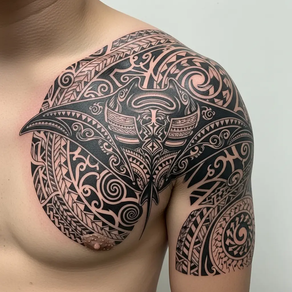 Detailaufnahme eines Polynesian Tattoos mit Manta-Rochen-Motiv auf der Schulter
