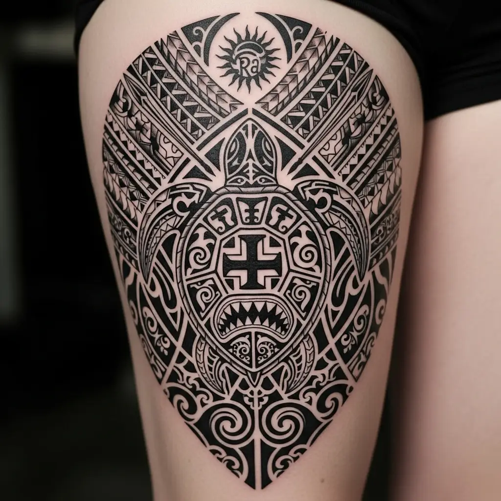 Polynesian Tattoo mit Schildkröten-Symbol und geometrischen Mustern auf dem Oberschenkel