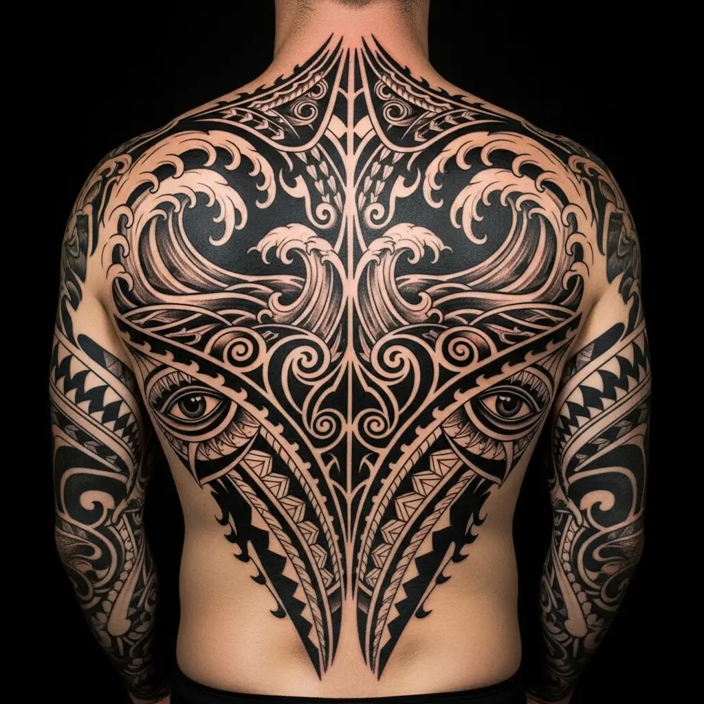Grossflächiges Polynesian Tattoo auf dem Rücken mit symmetrischer Komposition