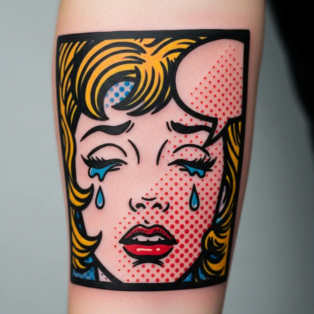 Pop Art Tattoo im Lichtenstein-Stil mit Rasterpunkten auf dem Oberarm