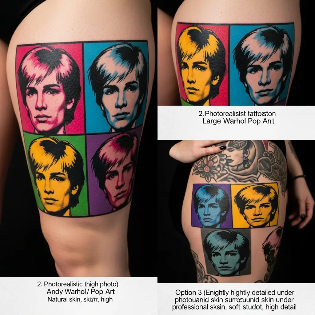 Pop Art Tattoo mit Warhol-Porträt in Primärfarben auf dem Oberschenkel