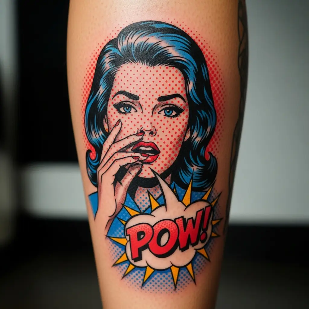 Pop Art Tattoo mit Sprechblase und Comic-Motiv auf der Wade in kräftigen Farben