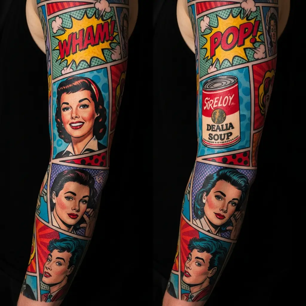 Grossflächiges Pop Art Tattoo Sleeve mit Comic-Elementen und Farbblöcken