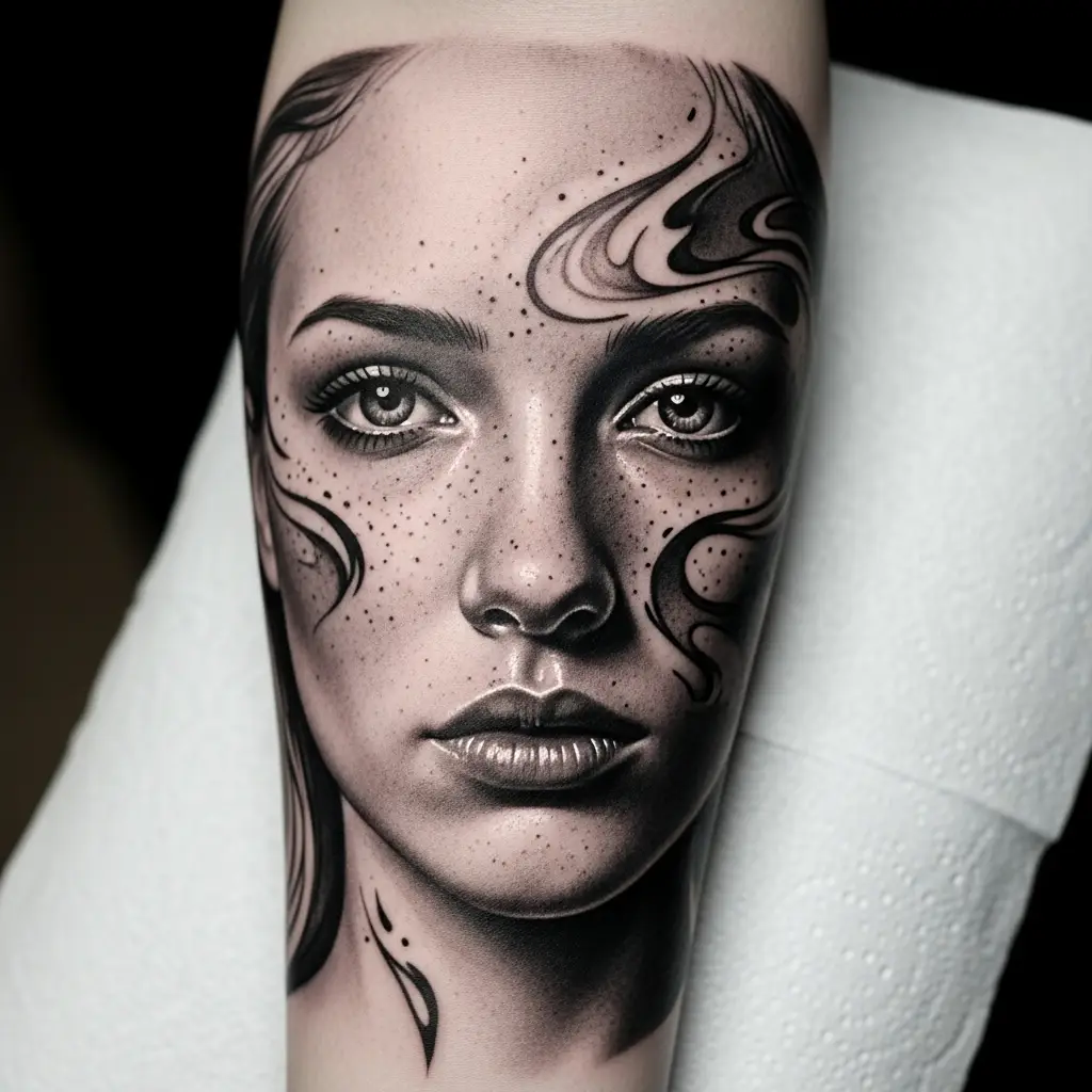 Realistisches Portrait Tattoo eines Frauengesichts in Schwarz-Grau am Oberarm