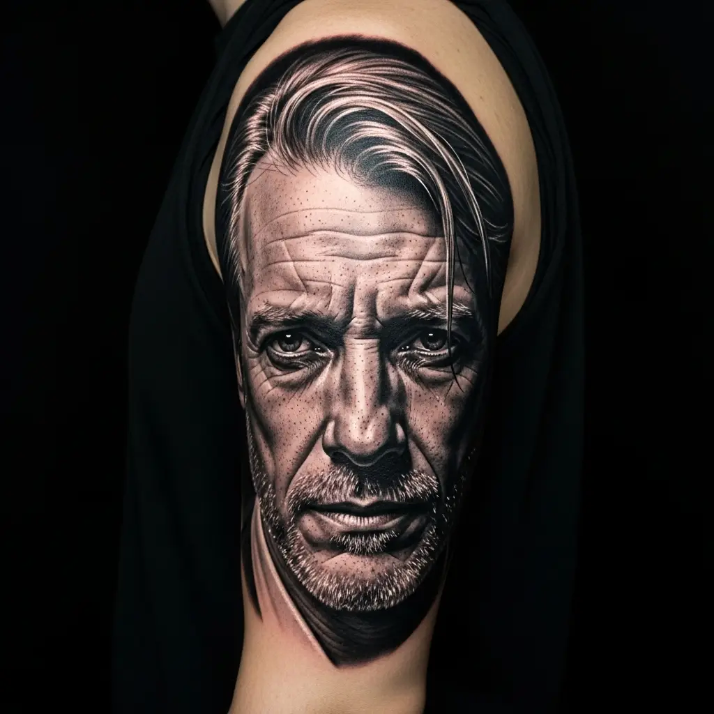Portrait Tattoo eines Mannes mit dramatischem Schattenhintergrund auf dem Oberarm
