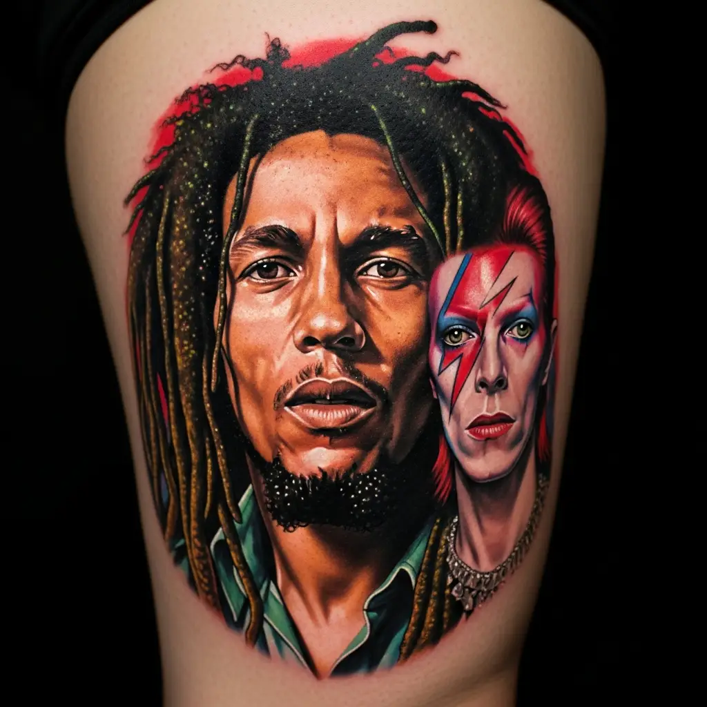 Farbiges Portrait Tattoo einer Musiklegende auf dem Oberschenkel in Detailaufnahme