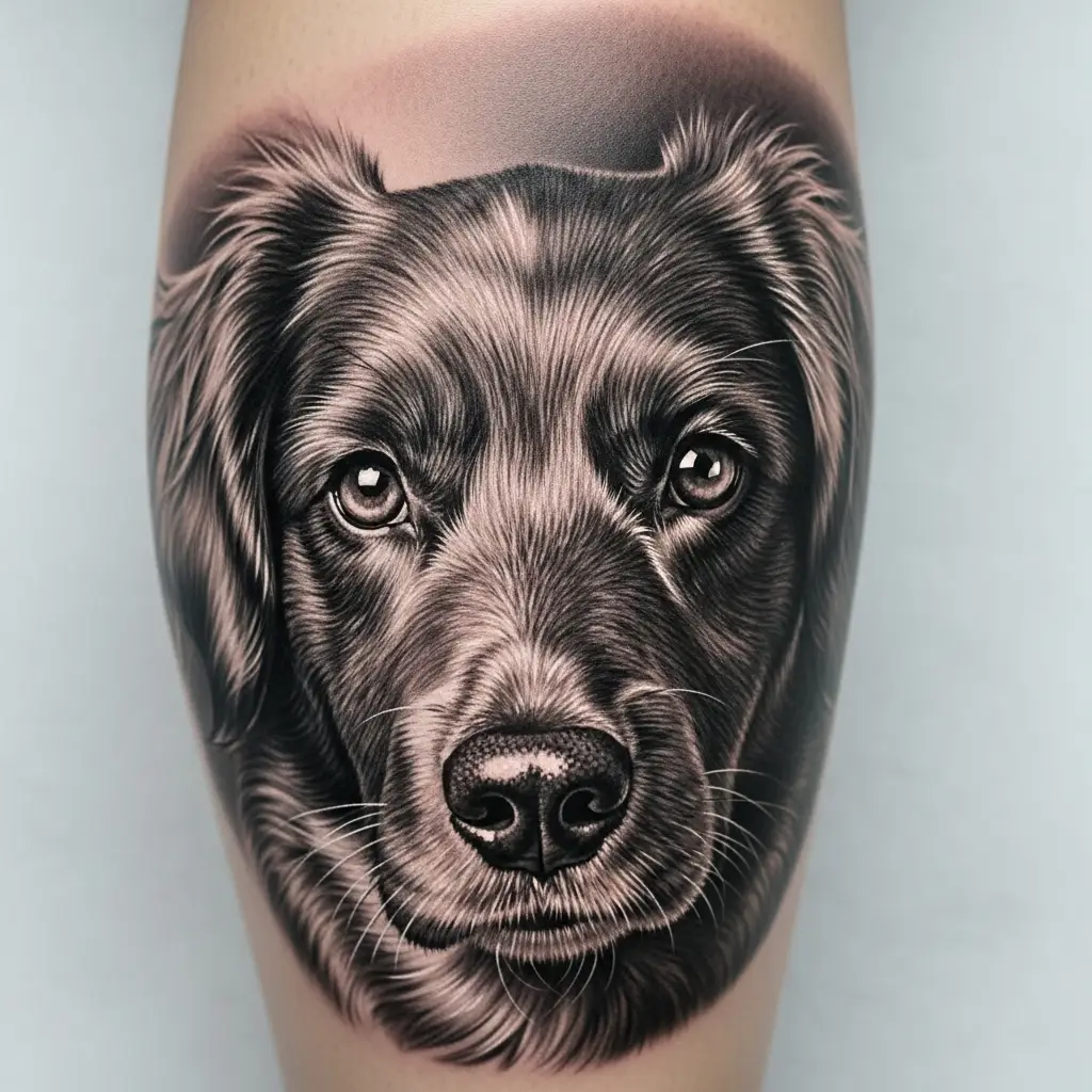 Tierportrait Tattoo eines Hundes in realistischem Schwarz-Grau auf der Wade