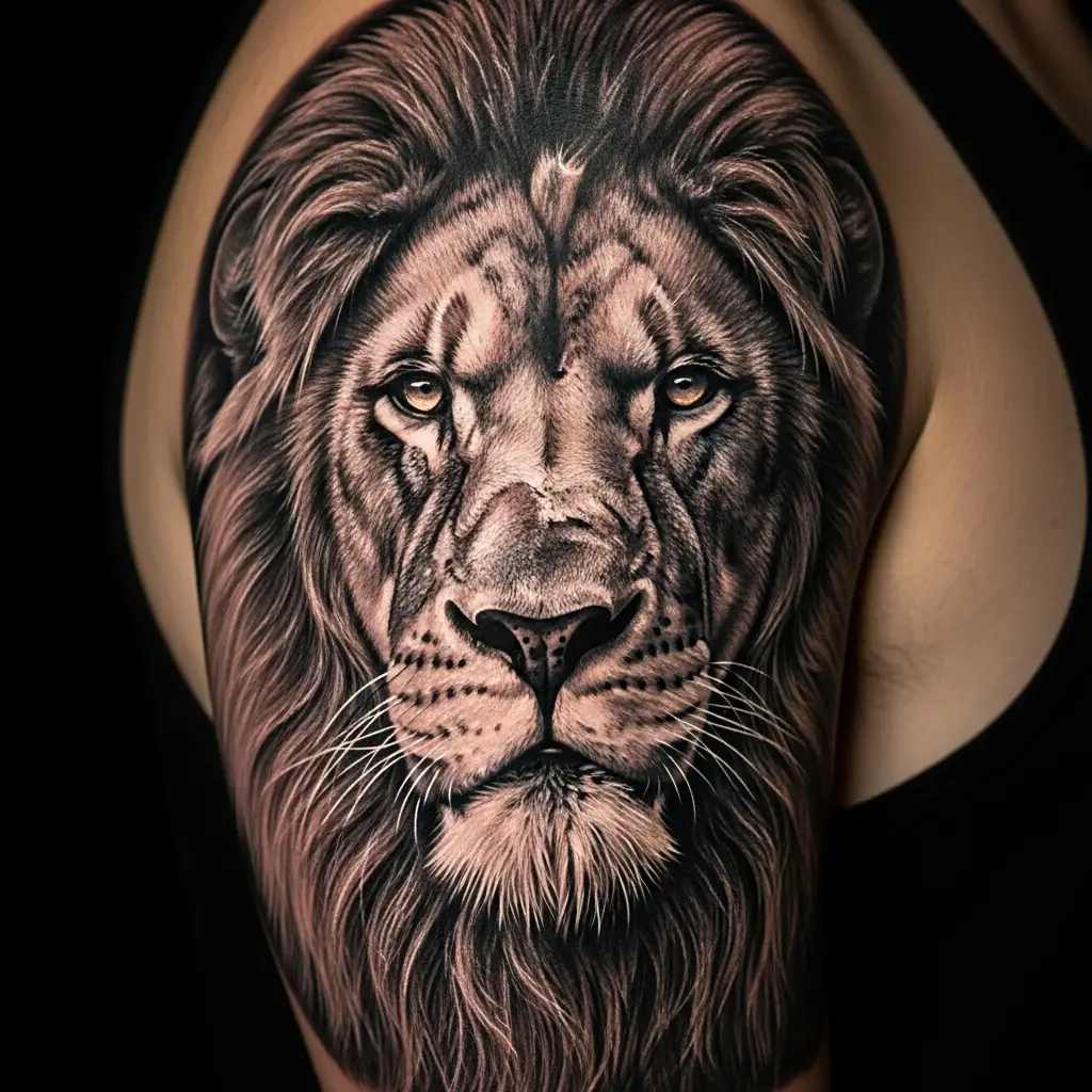 Schwarzgraues Realism Tattoo mit fotorealistischem Löwenporträt auf dem Oberarm
