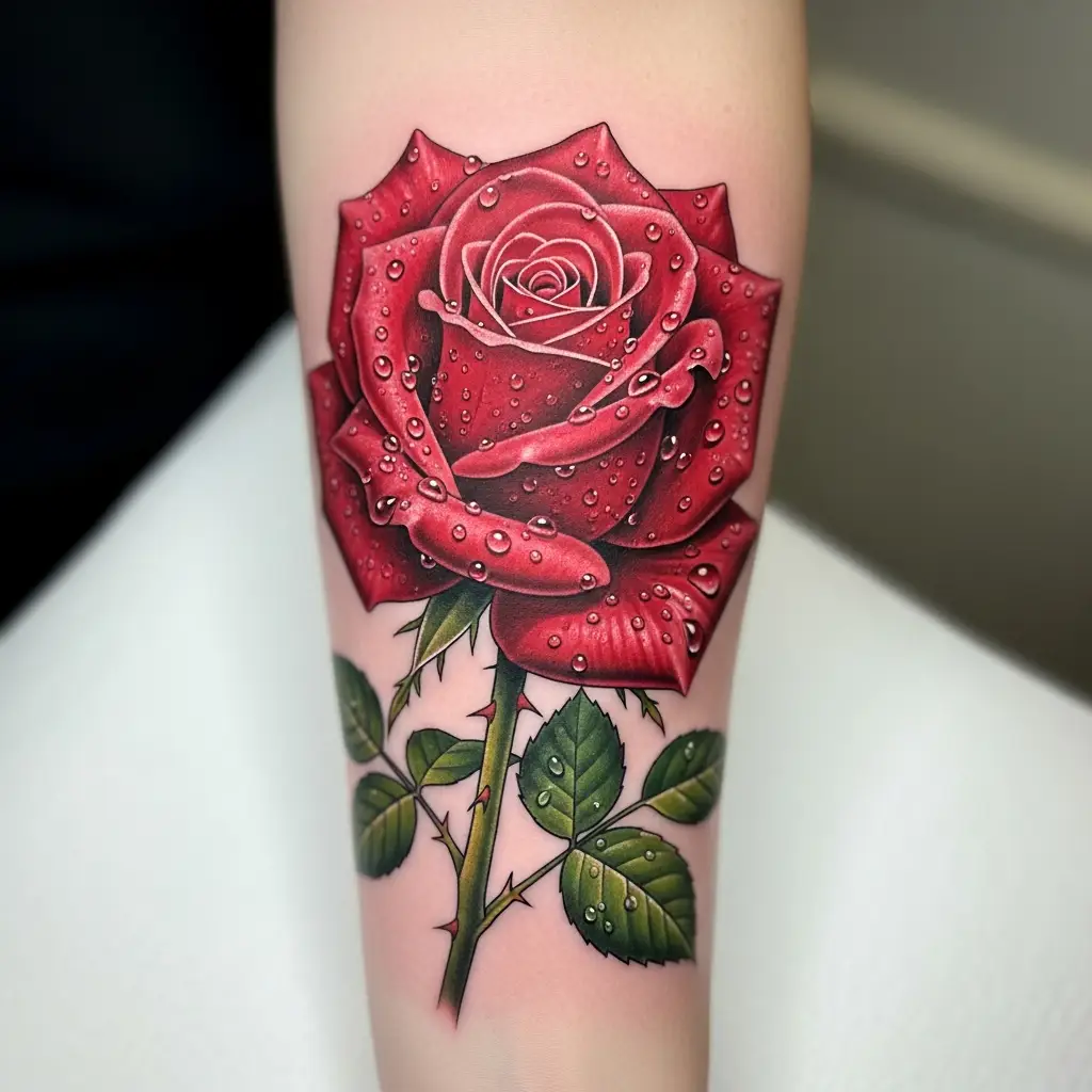 Farbiges Realism Tattoo mit hyperrealistischer Rose und Wassertropfen auf dem Unterarm