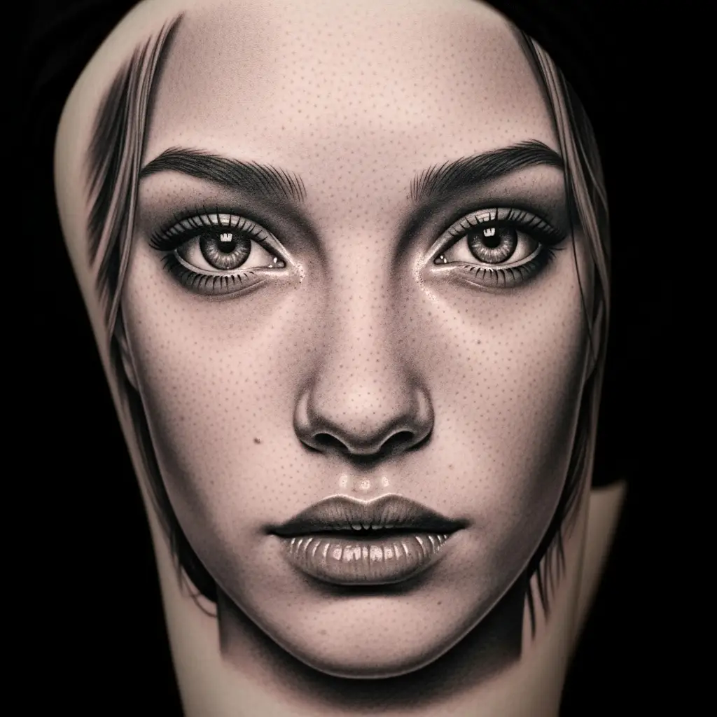 Realism Tattoo Porträt einer Frau in Schwarzgrau-Technik auf dem Oberschenkel
