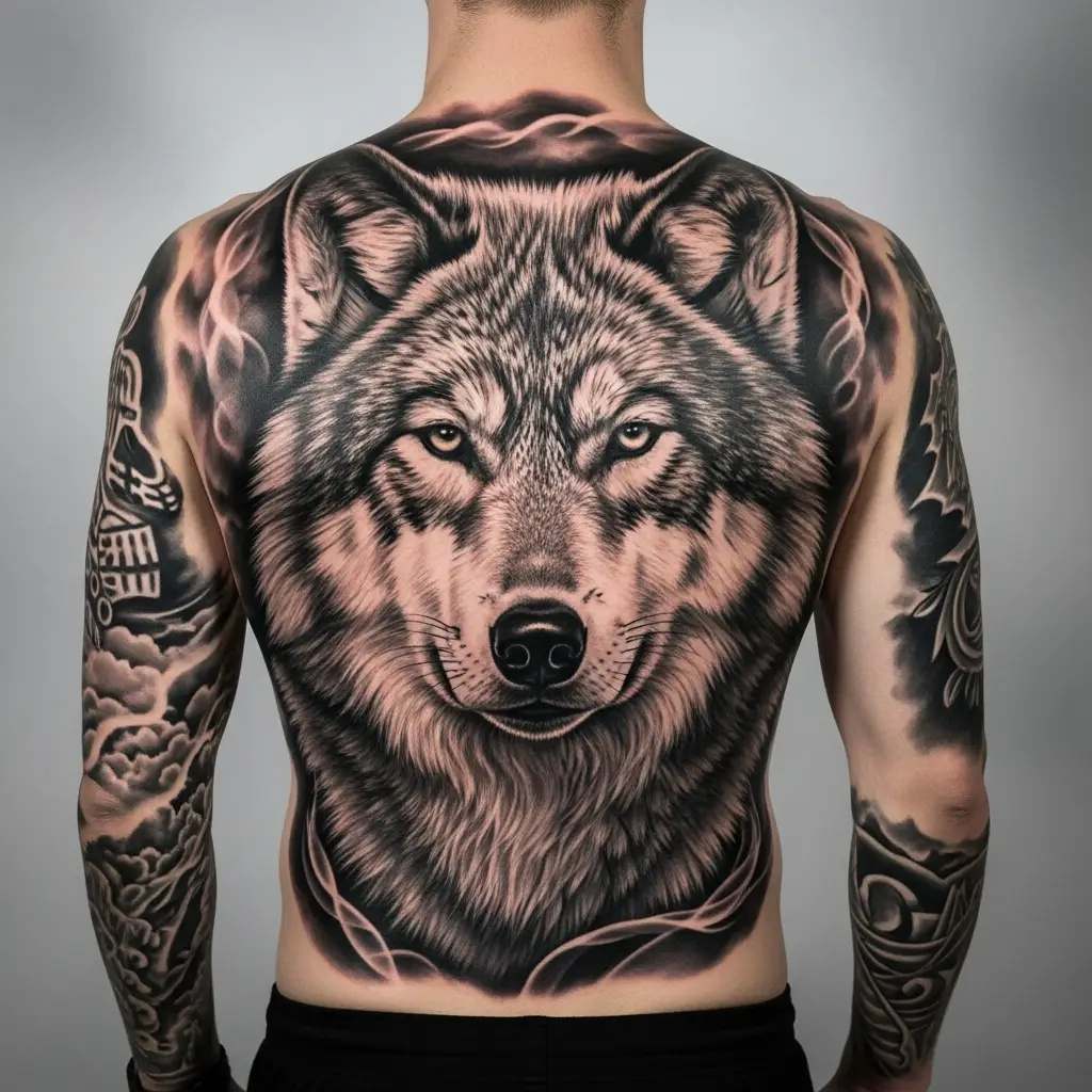 Grossflächiges Realism Tattoo mit realistischem Wolf auf dem Rücken in Schwarzgrau