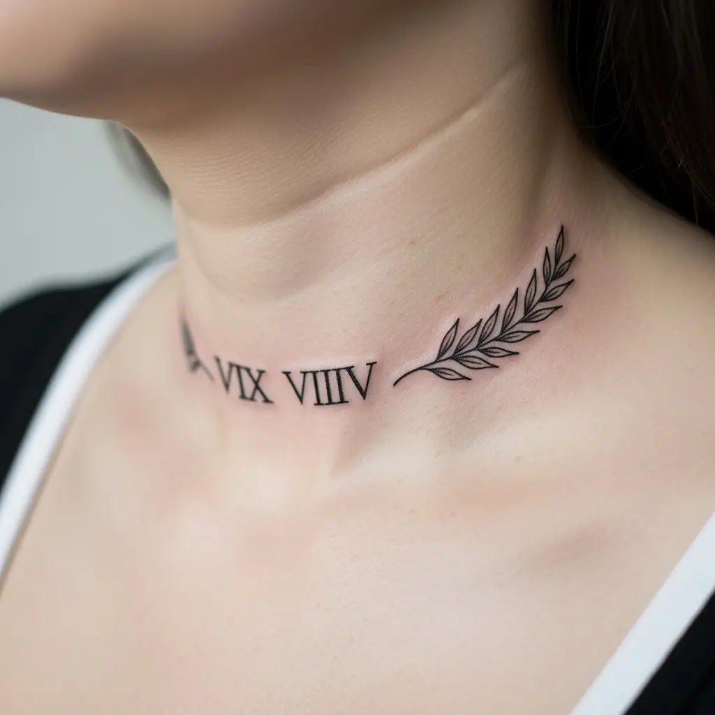 Roman Numeral Tattoo am Schlüsselbein mit ornamentalen Elementen