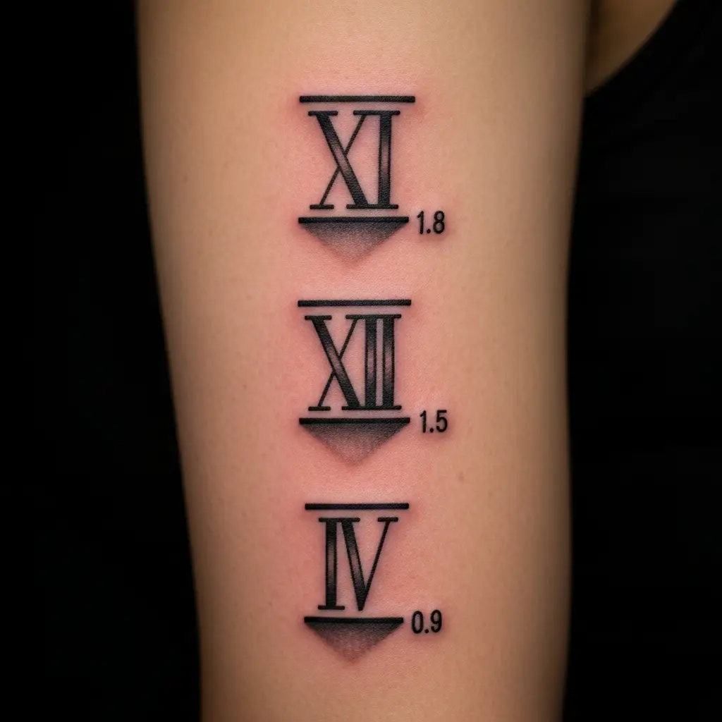 Grosses Roman Numeral Tattoo mit Drop-Shadow-Effekt auf dem Unterarm